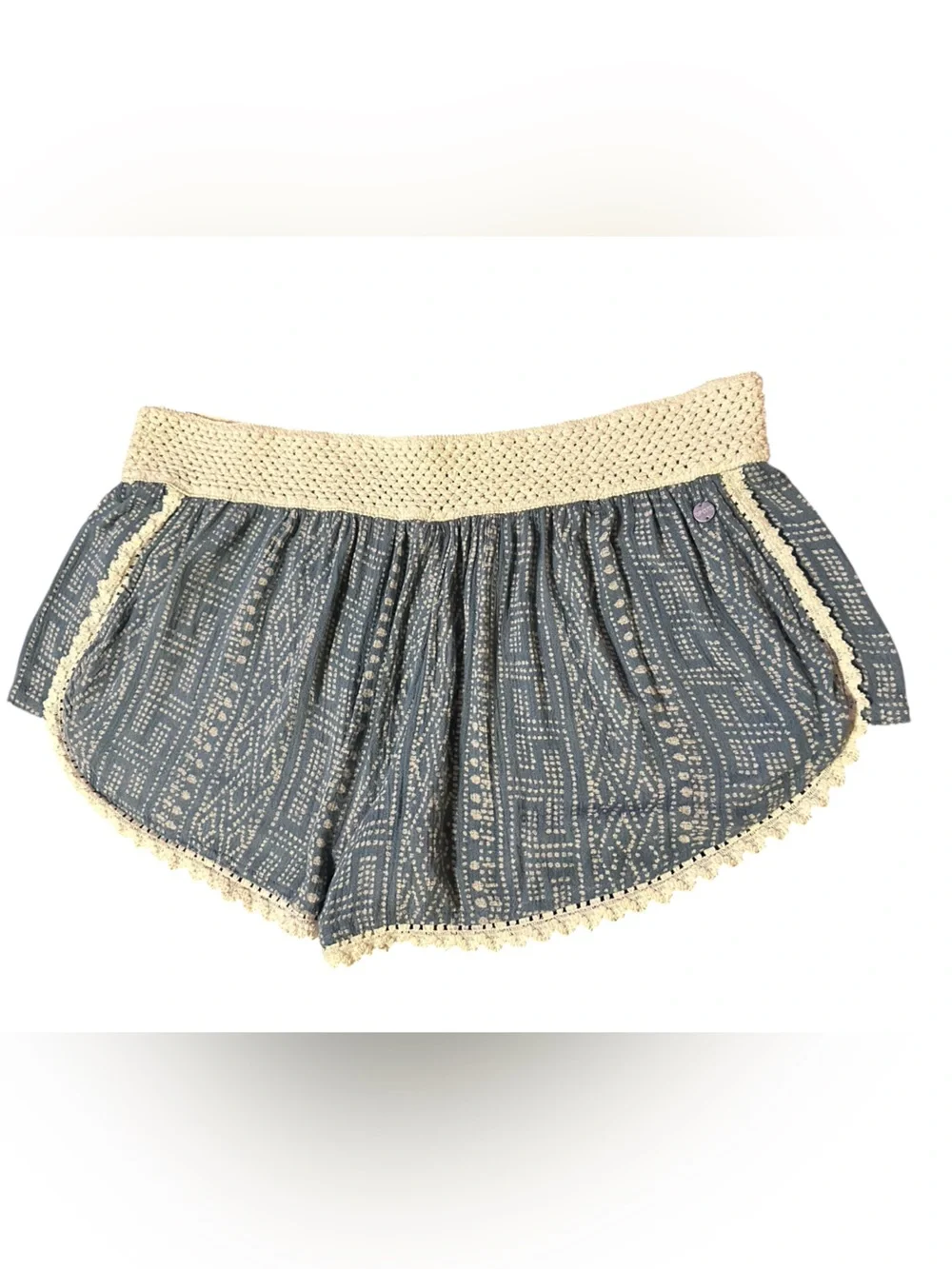 Rip Curl Blue Patterned Crochet Waist Shorts with Cream Trim